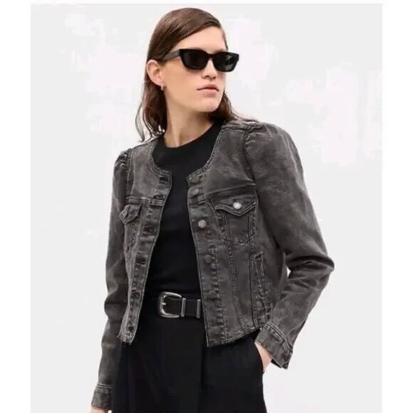 GAP collarless, puff sleeve denim jacket, size PXS, black - Picture 1 of 5